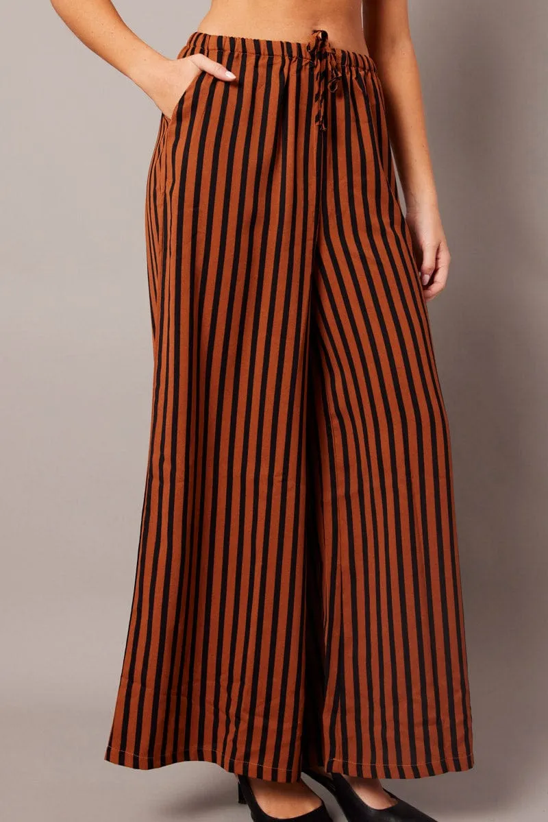 Laser cut Breathable Weave Fabric Brown Stripe Wide Leg Pants High Rise