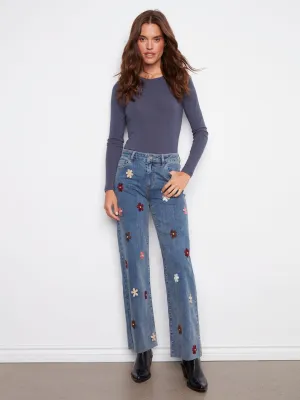 Artist Vibe Smooth Home Comfort Bold Look Sunny Vibes Wide Leg Jeans With Flower Patches - Medium Blue