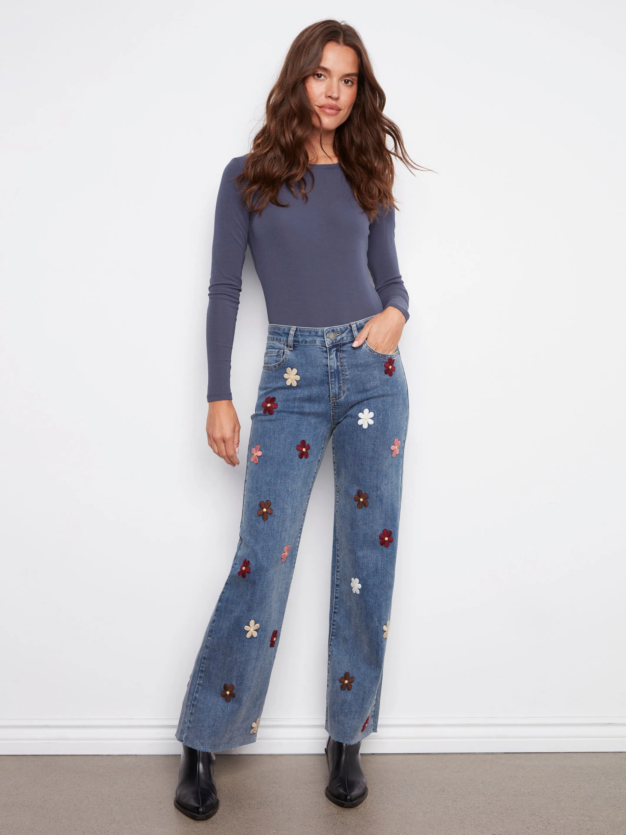 Wide Leg Jeans With Flower Patches - Medium Blue Adaptive Look