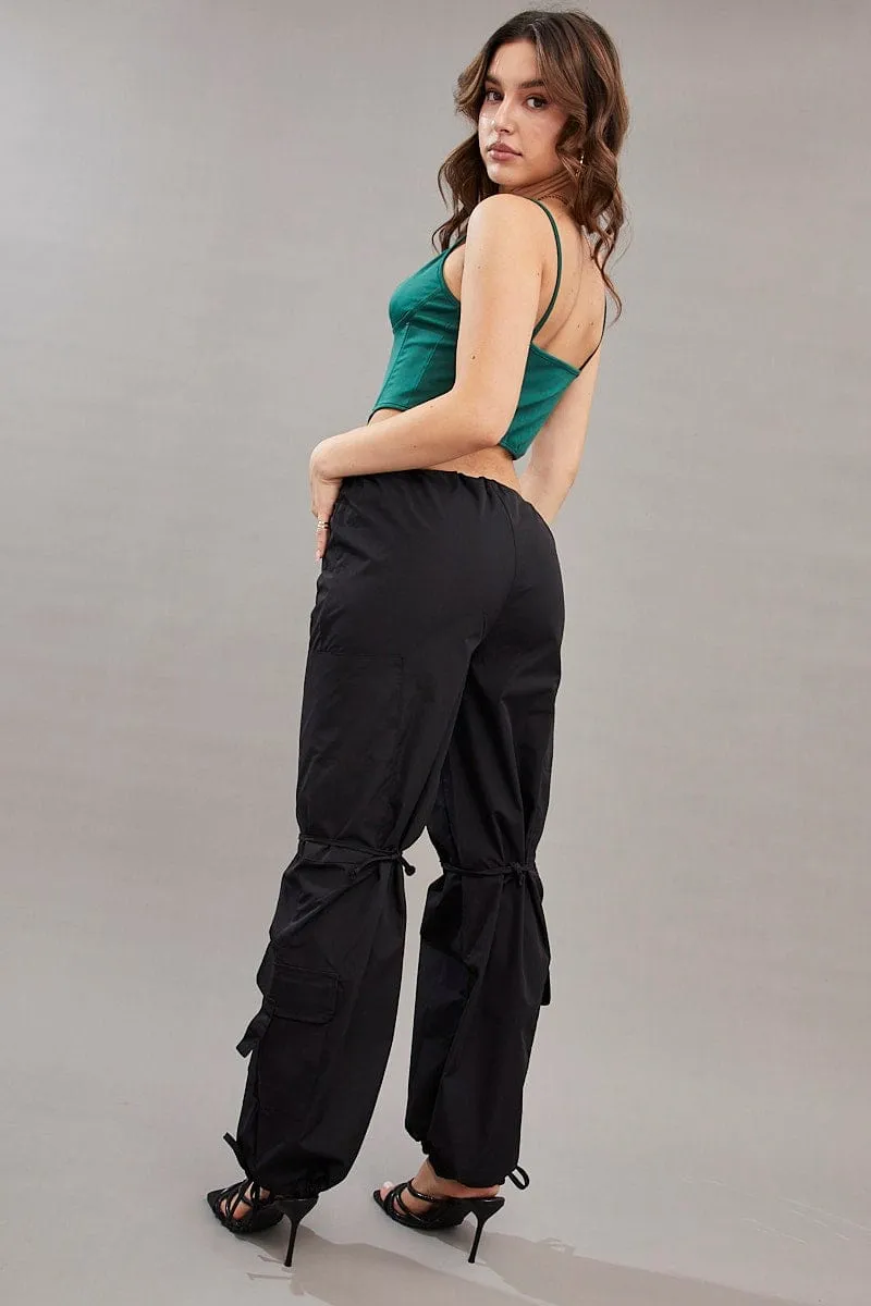 Black Cargo Parachute Pants Relaxed Flexible Cut