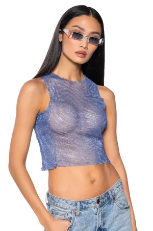 ZELDA RHINESTONE MESH SLEEVELESS TOP IN BLUE Long - term - usable Fitness Apparel