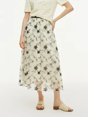 Floral Embroidered Women Elastic Waist Mesh Skirt Bohemian vibe