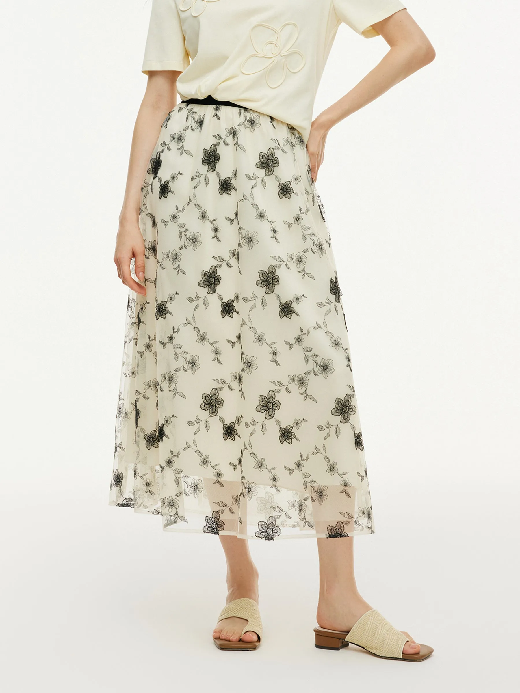 Floral Embroidered Women Elastic Waist Mesh Skirt Feminine Charm Washable fabric