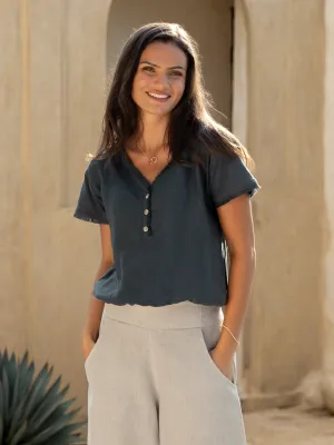 Vivre Linen and Cotton Blouse Charcoal Casual Style