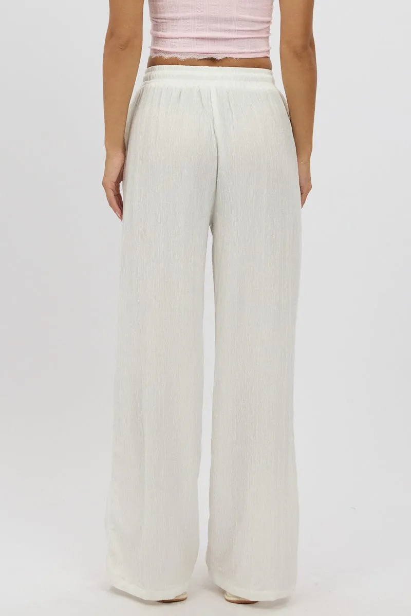 Raw edge WindproofLayer White Wide Leg Pants Elasticated Waist