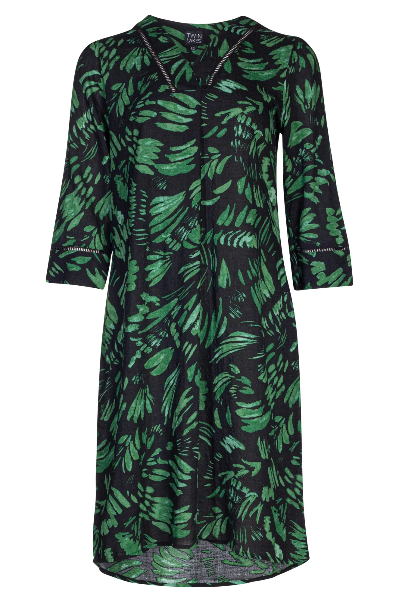 Layered Look Cotton blend Dress with 3/4 sleeve | Green Blk Brushstroke | 6544A1