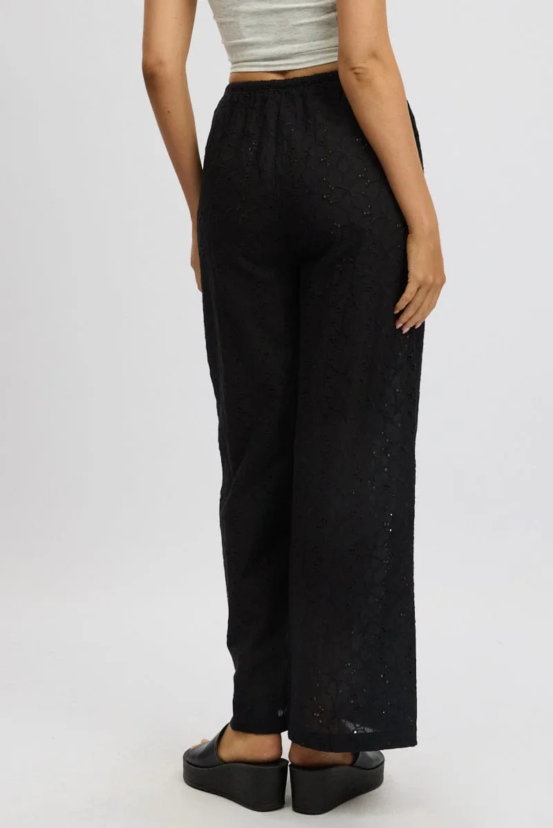 Black Wide Leg Pants High Rise Eyelet Fabric Ultra Soft Texture Practical Comfort