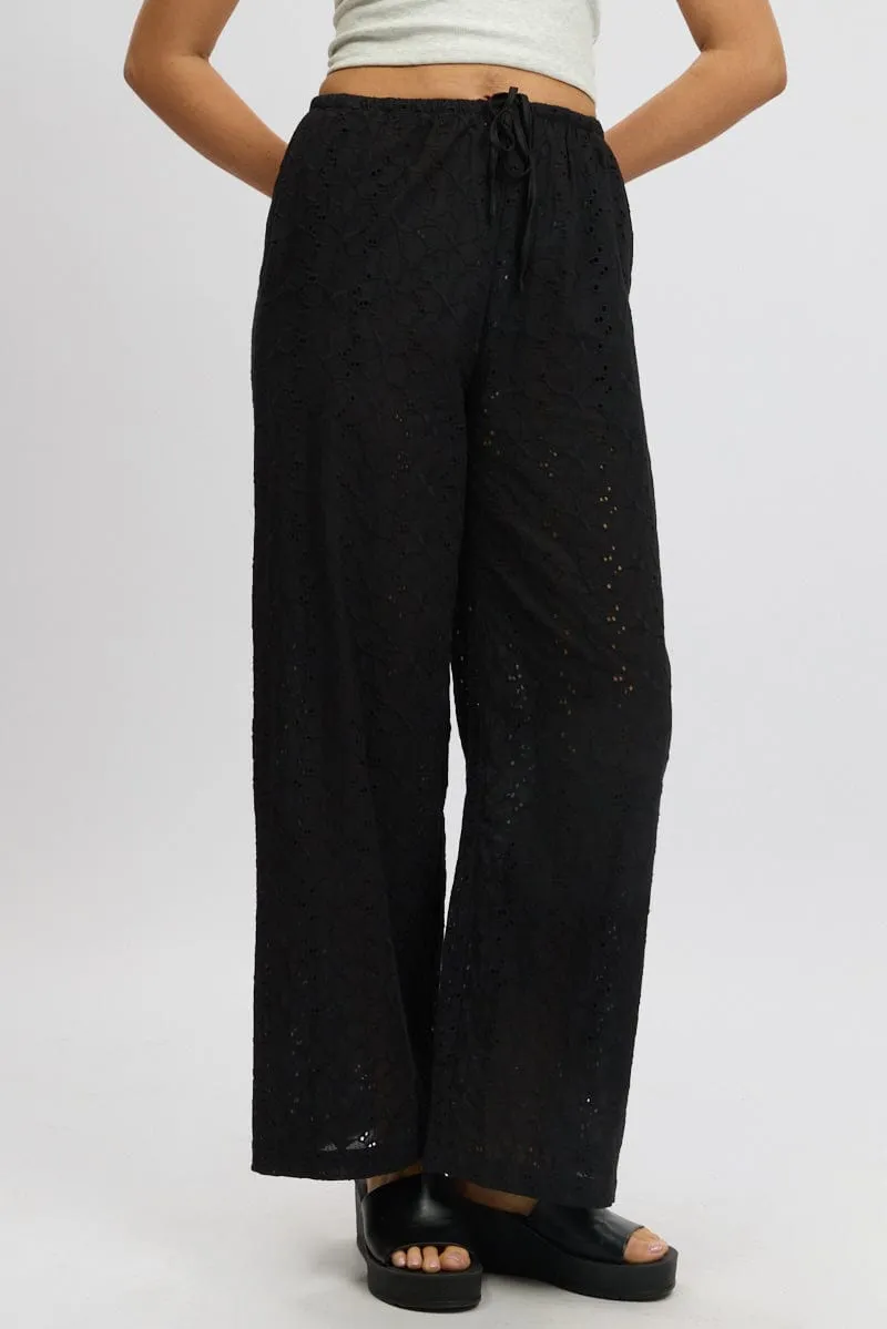 Black Wide Leg Pants High Rise Eyelet Fabric High Durability Thread Reflective details