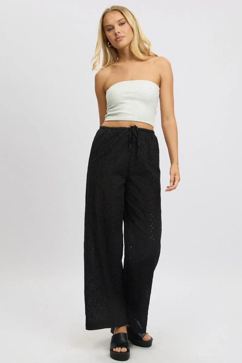 Sporty Appeal Laser cut Black Wide Leg Pants High Rise Eyelet Fabric