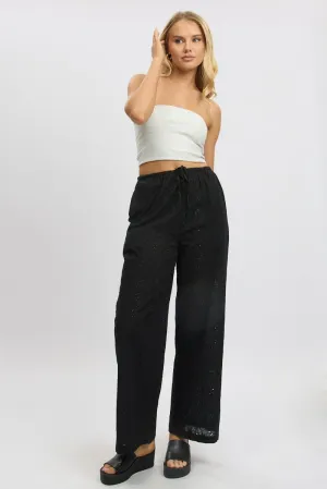 Quick drying material Black Wide Leg Pants High Rise Eyelet Fabric