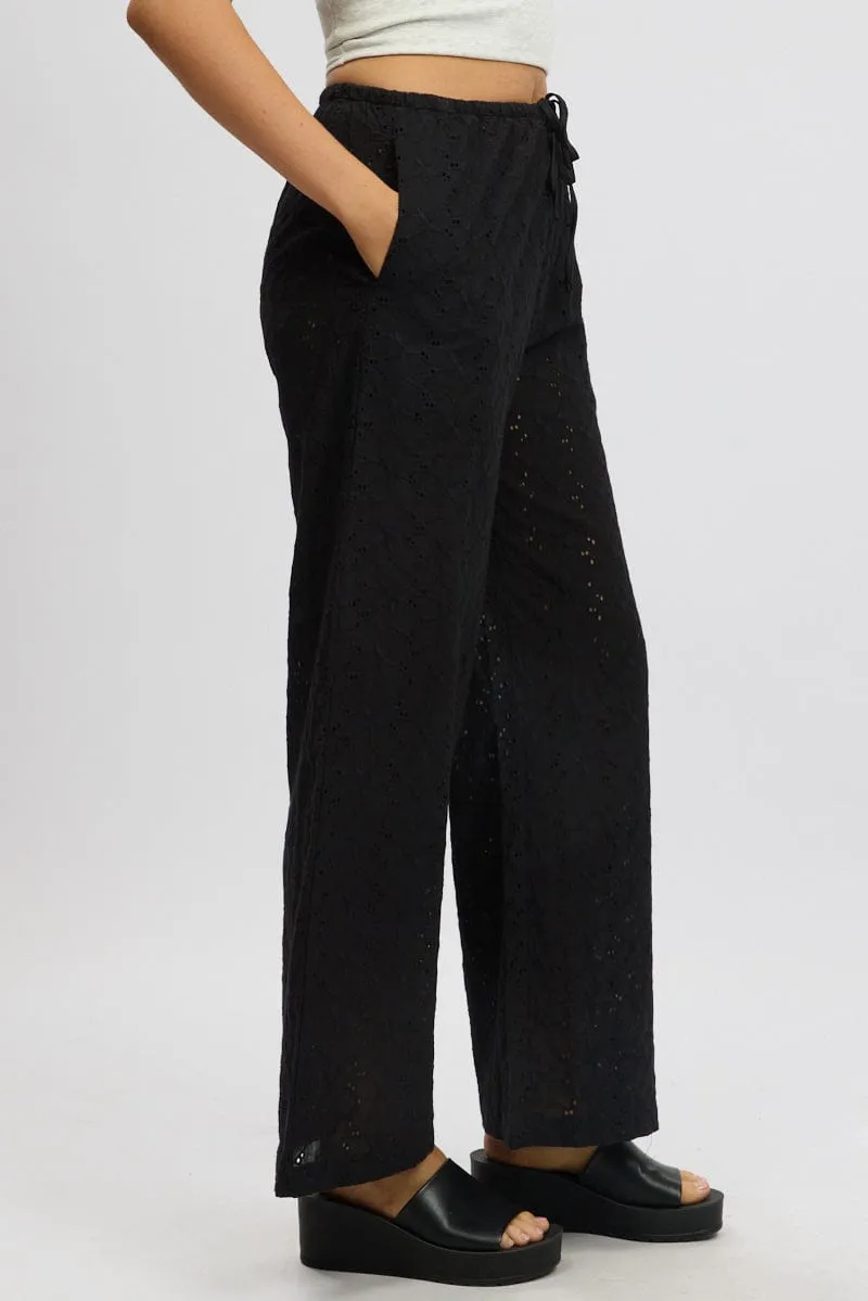 Black Wide Leg Pants High Rise Eyelet Fabric Quick Adjust Fit