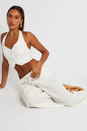 Stretchable Design ReinforcedSeams White Wide Leg Pants High Rise