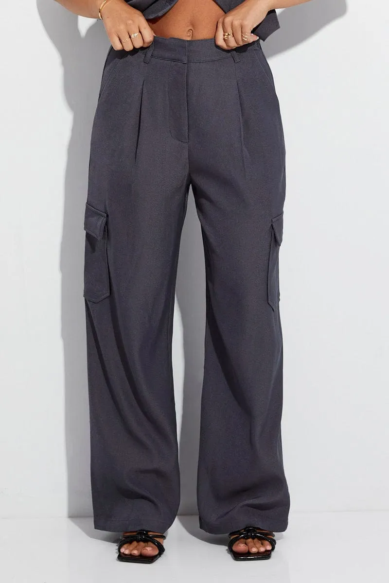 Grey Wide Leg Pants High Rise Cargo Tailored Flexible Use Perfect Pair
