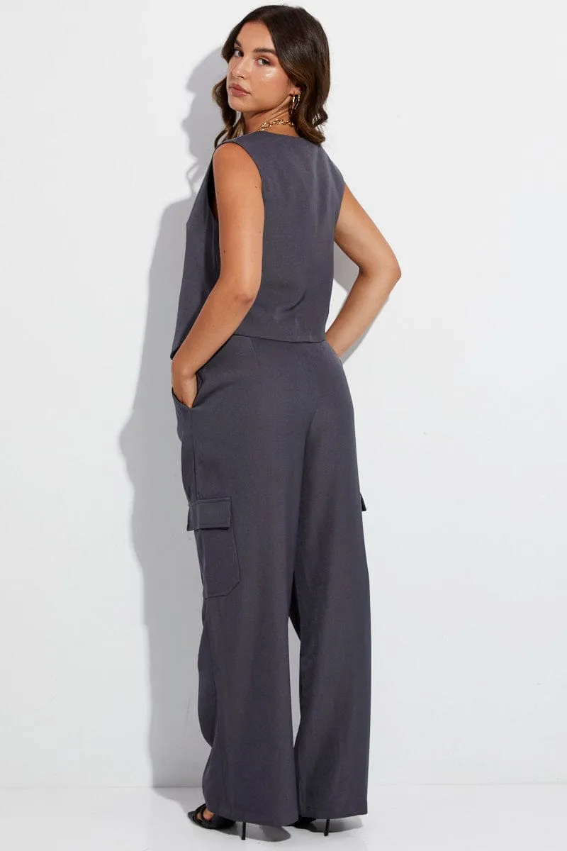 Grey Wide Leg Pants High Rise Cargo Tailored Lined interior NonSlipInnerGrip