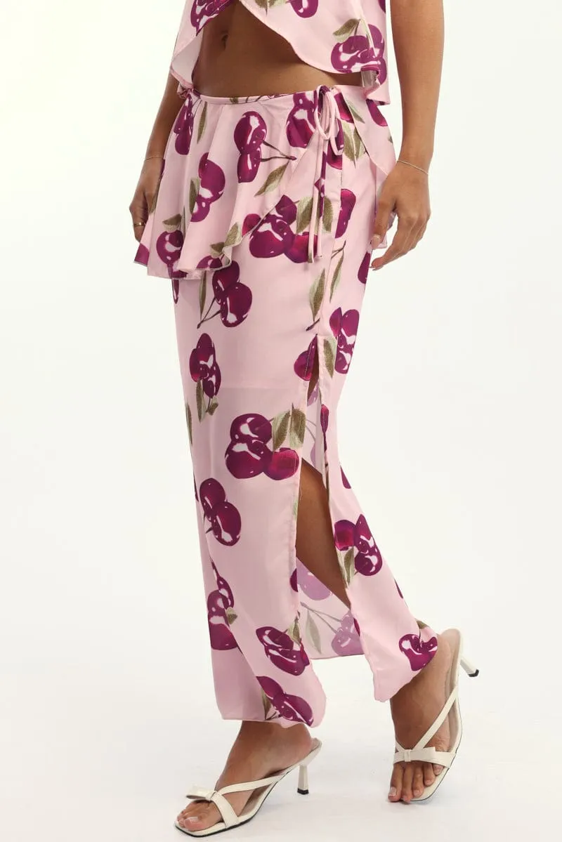 Slow Fashion Natural Look Pink Abstract Chiffon Maxi Skirt Lined