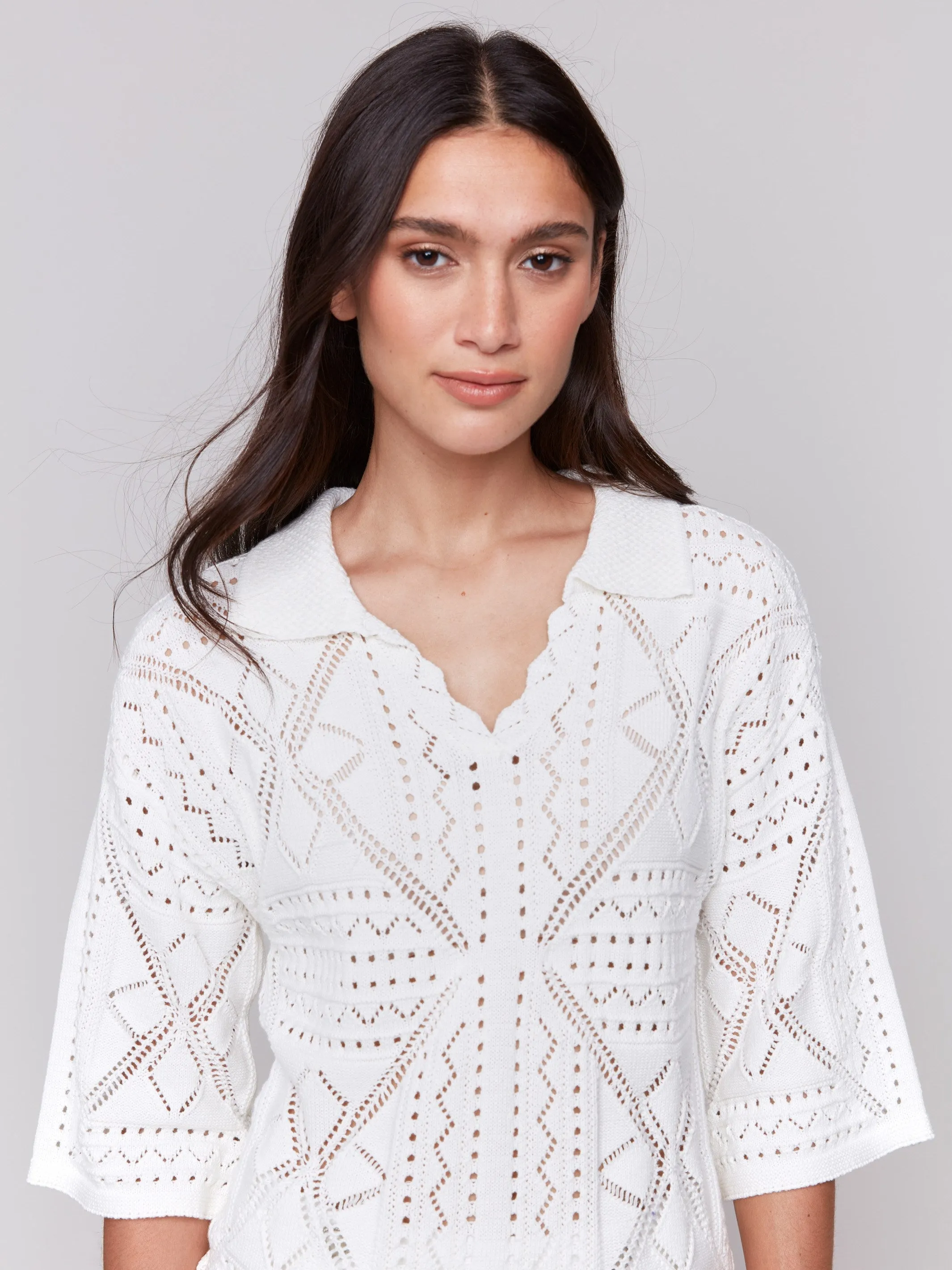 Johnny Collar Pointelle Sweater - White Layered Neckline