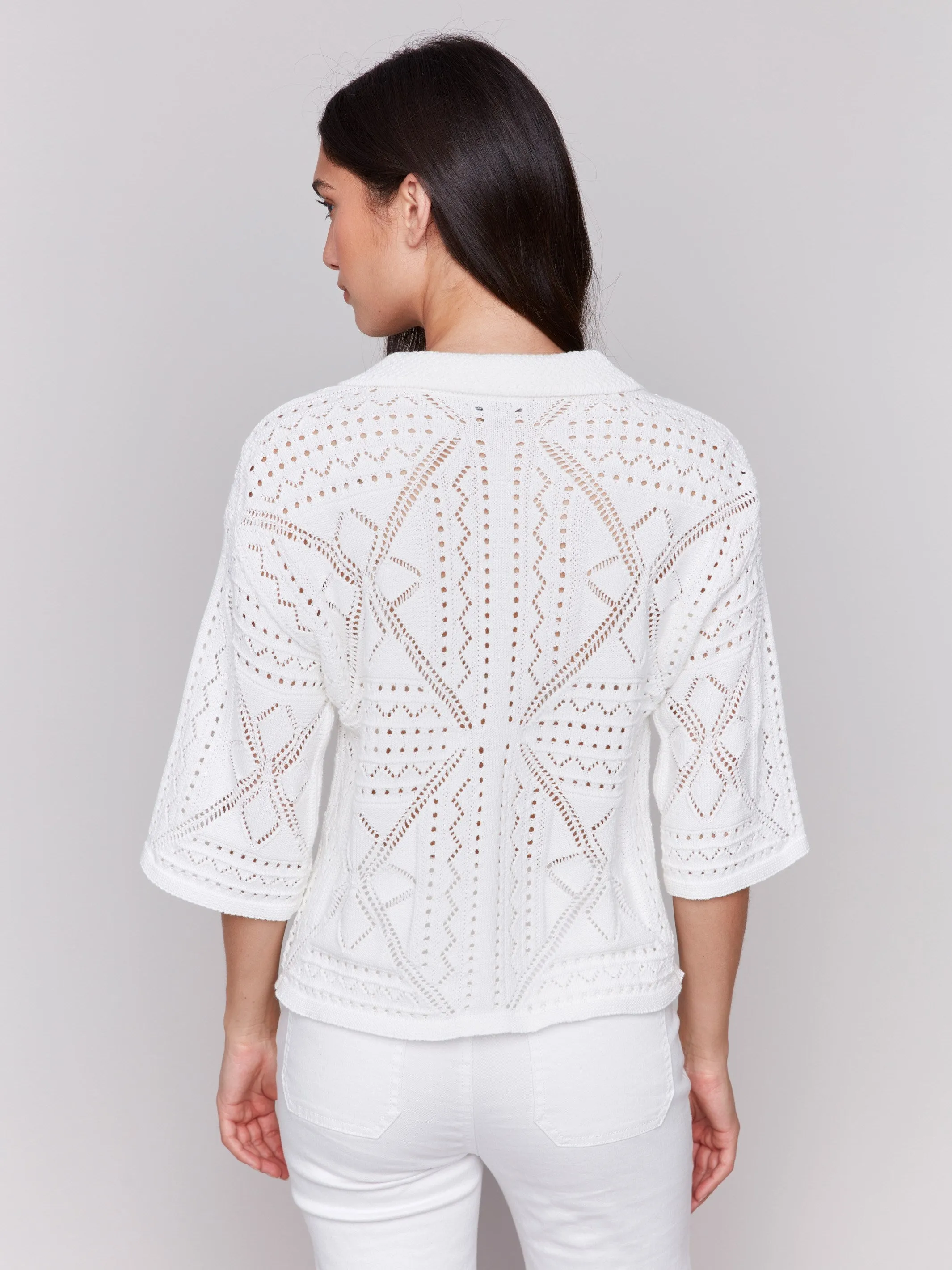 Winter Layering Look Johnny Collar Pointelle Sweater - White
