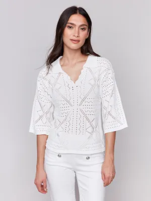 Timeless Comfort Colorfast Dye Method Johnny Collar Pointelle Sweater - White