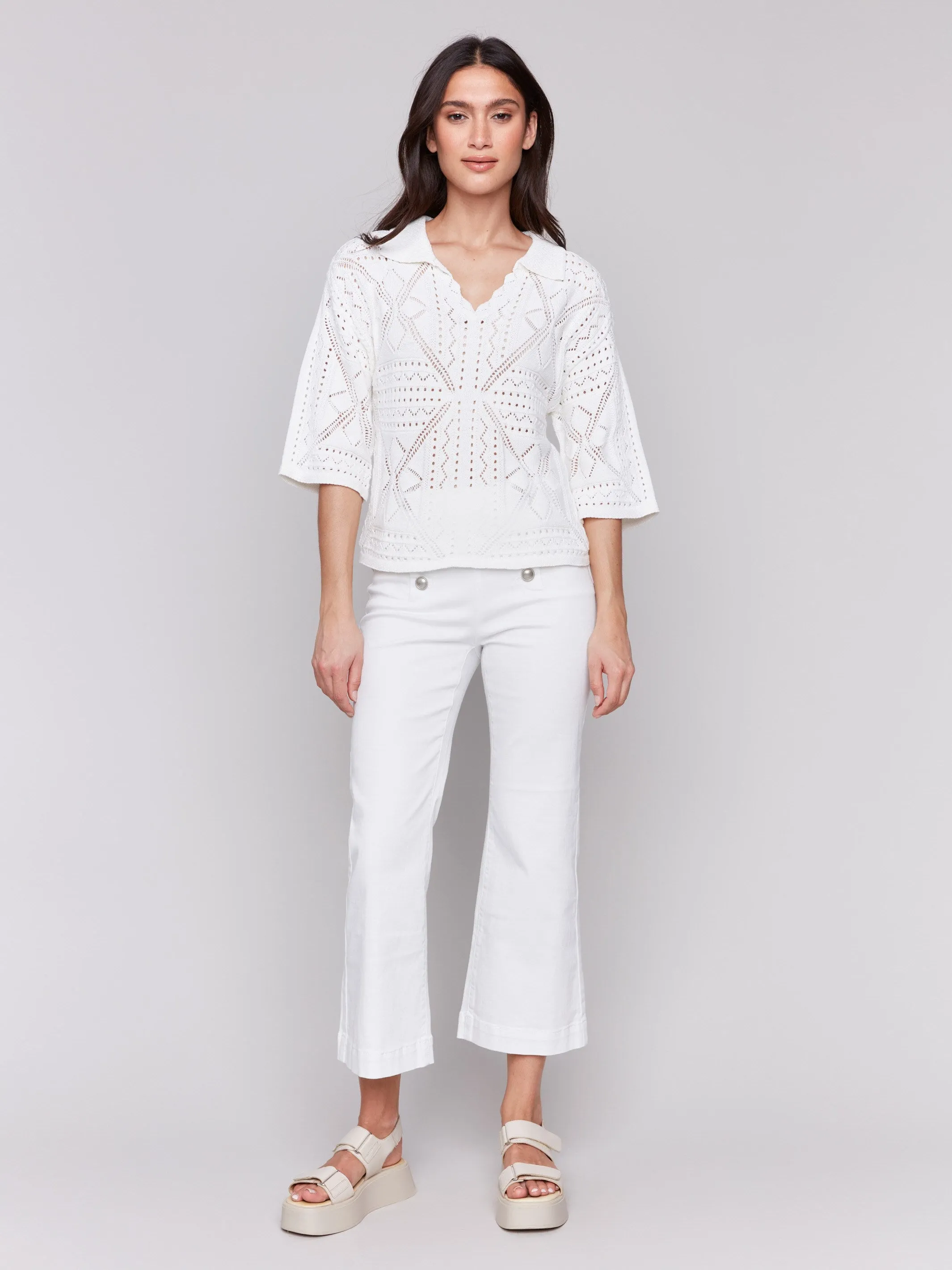 Fade Resistant Dye Johnny Collar Pointelle Sweater - White