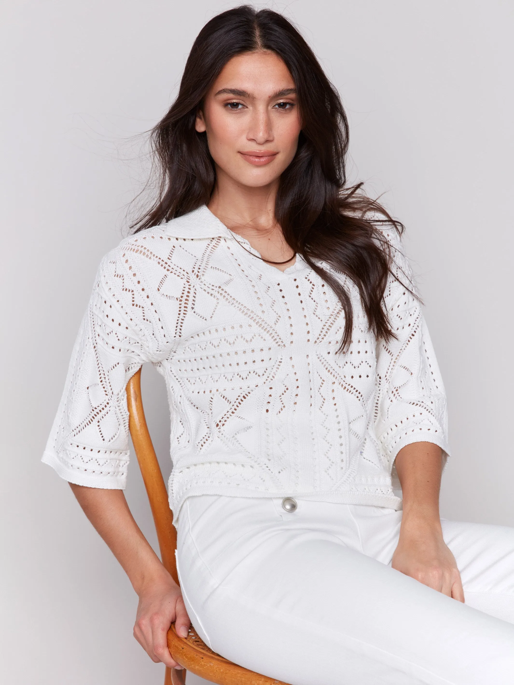 Johnny Collar Pointelle Sweater - White Chilly Day Knitwear