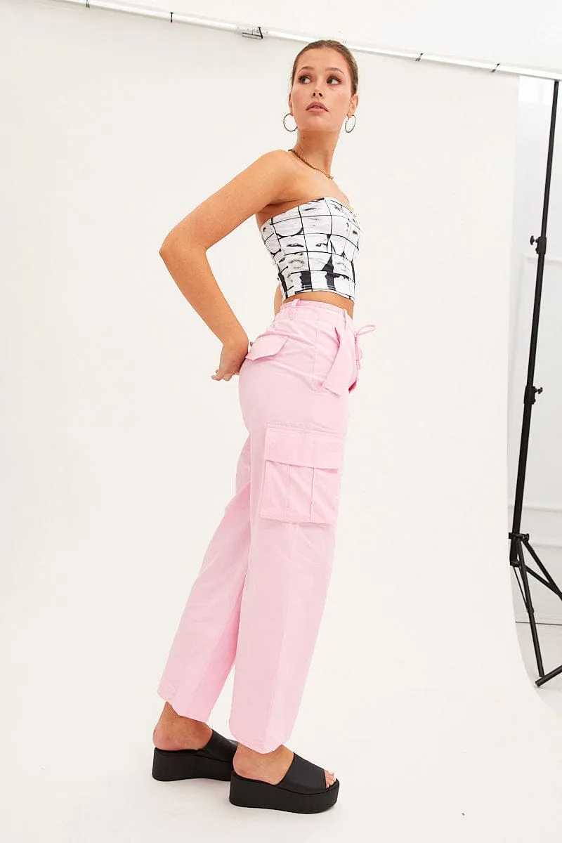 Windproof coating Pink Cargo Pants Relaxed Wide Leg