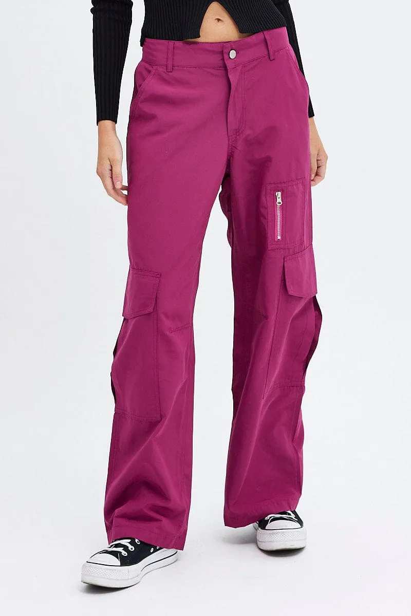 Flattering Cut Purple Cargo Pants Mid-Rise Wide Leg Parachute
