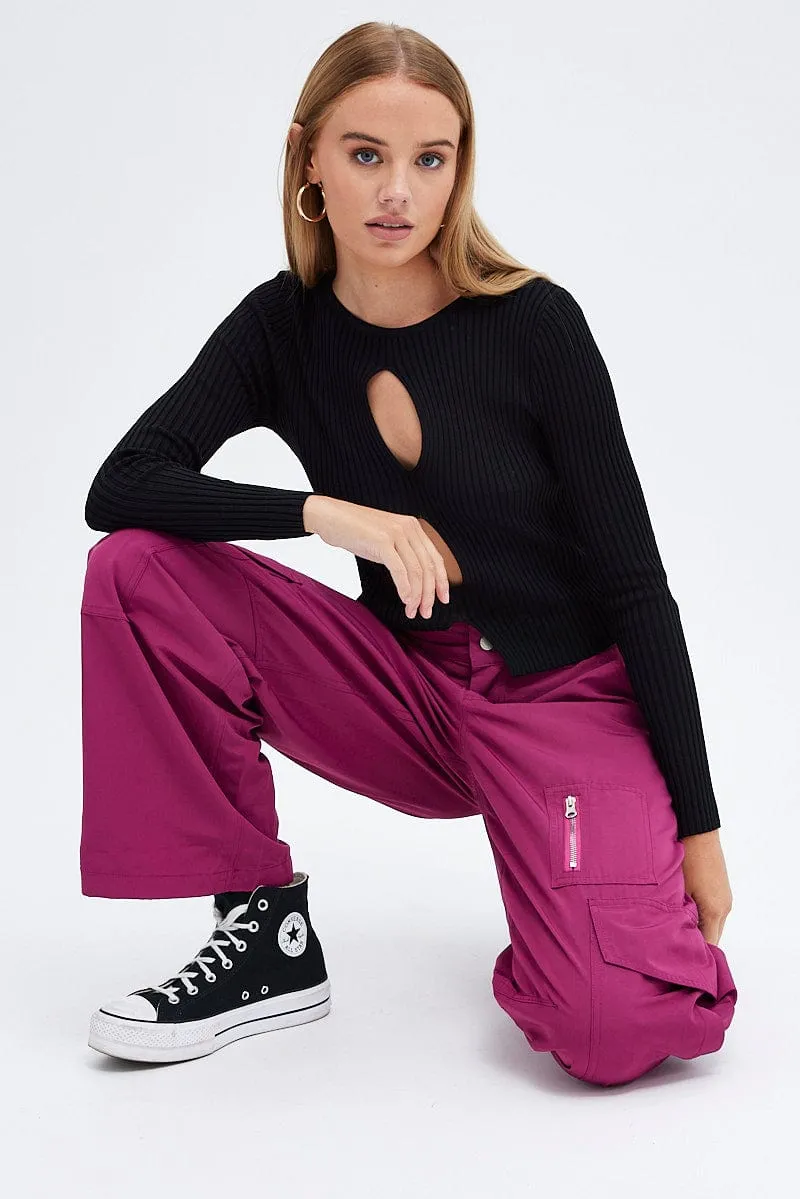 Purple Cargo Pants Mid-Rise Wide Leg Parachute Functional Style