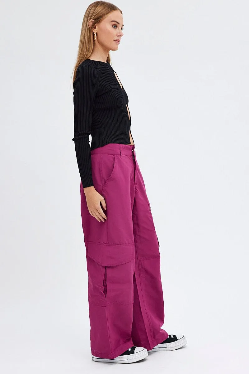 Anti Snag Threading Purple Cargo Pants Mid-Rise Wide Leg Parachute