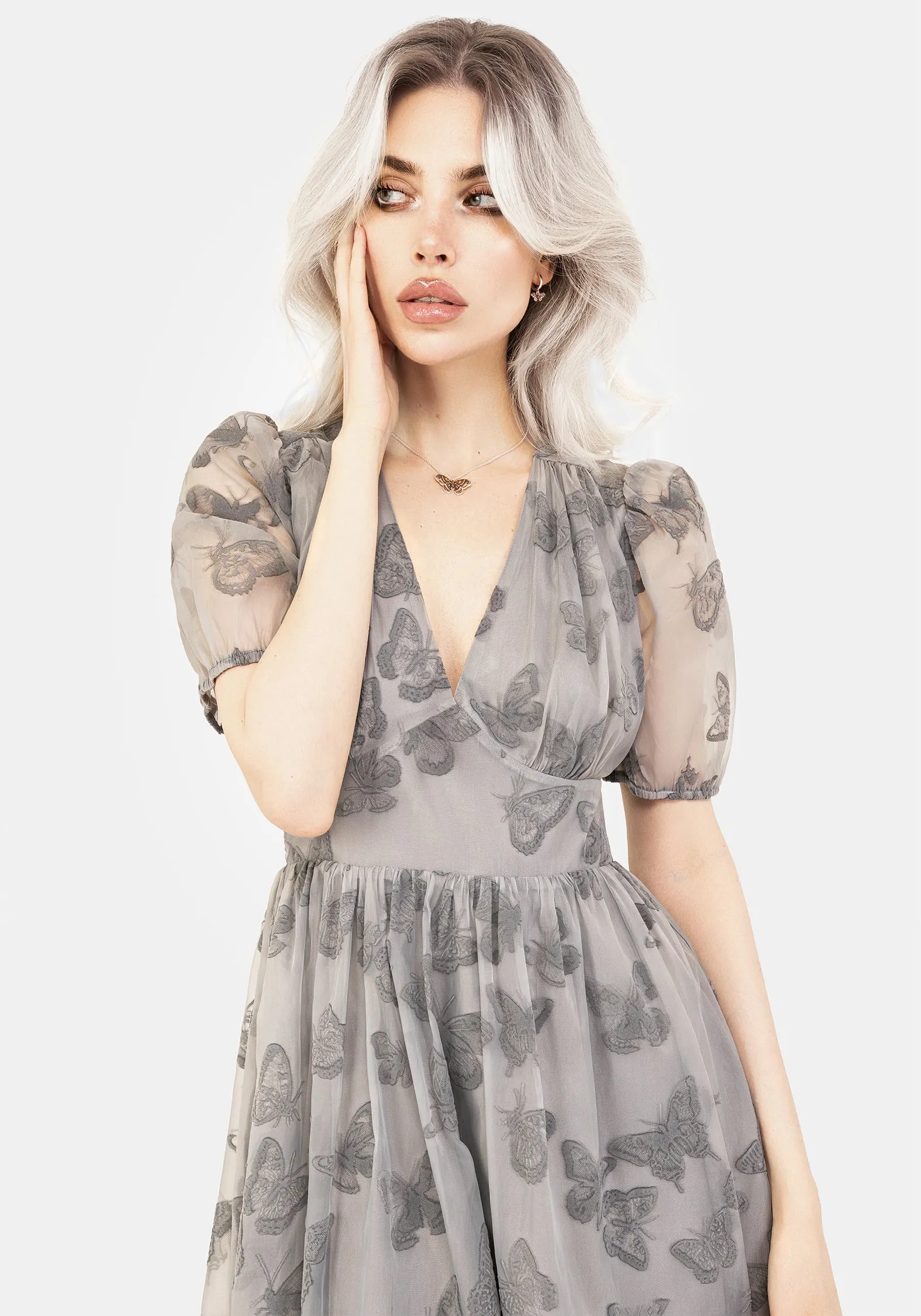Vanessa Butterfly Print Organza Puff Sleeve Midaxi Dress Figure Flattering Retro Style
