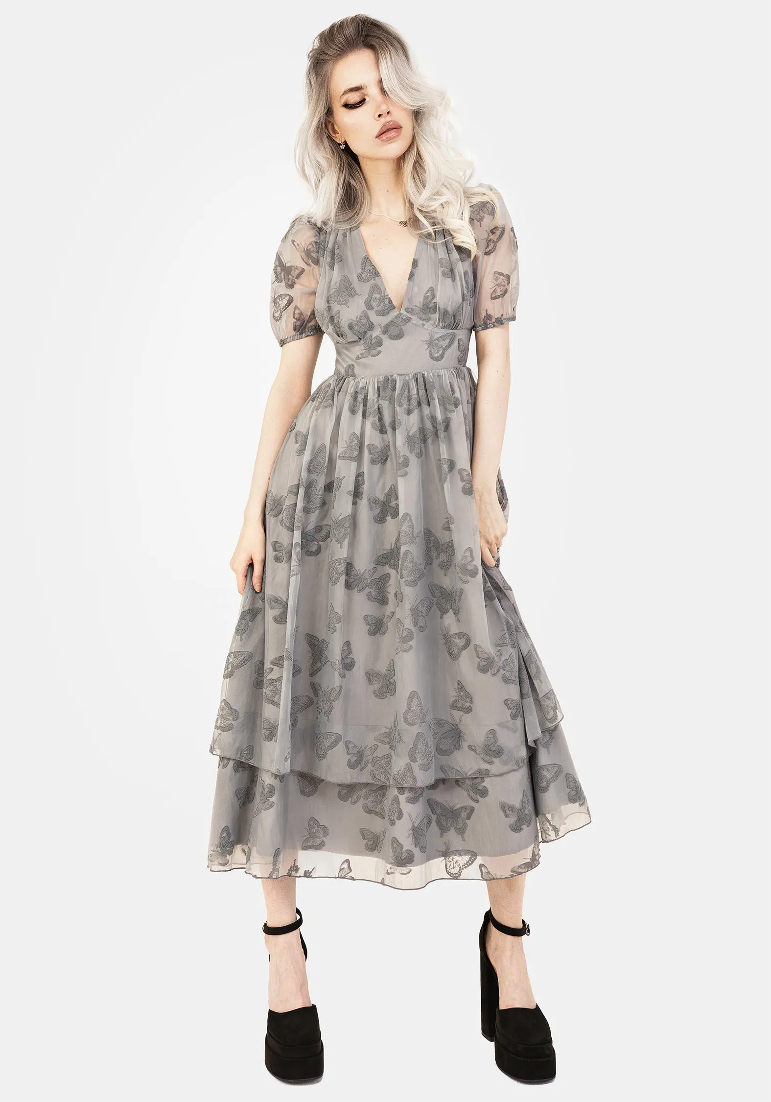 Fold Over Detail Crisp Look Vanessa Butterfly Print Organza Puff Sleeve Midaxi Dress