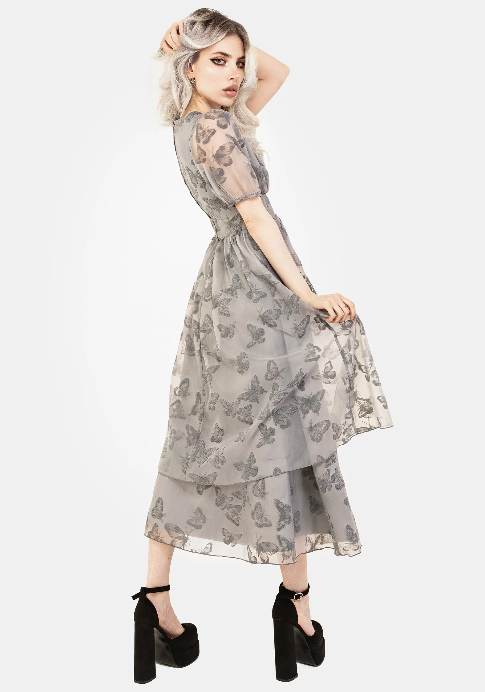 Fashion Fusion Detachable Tie Vanessa Butterfly Print Organza Puff Sleeve Midaxi Dress