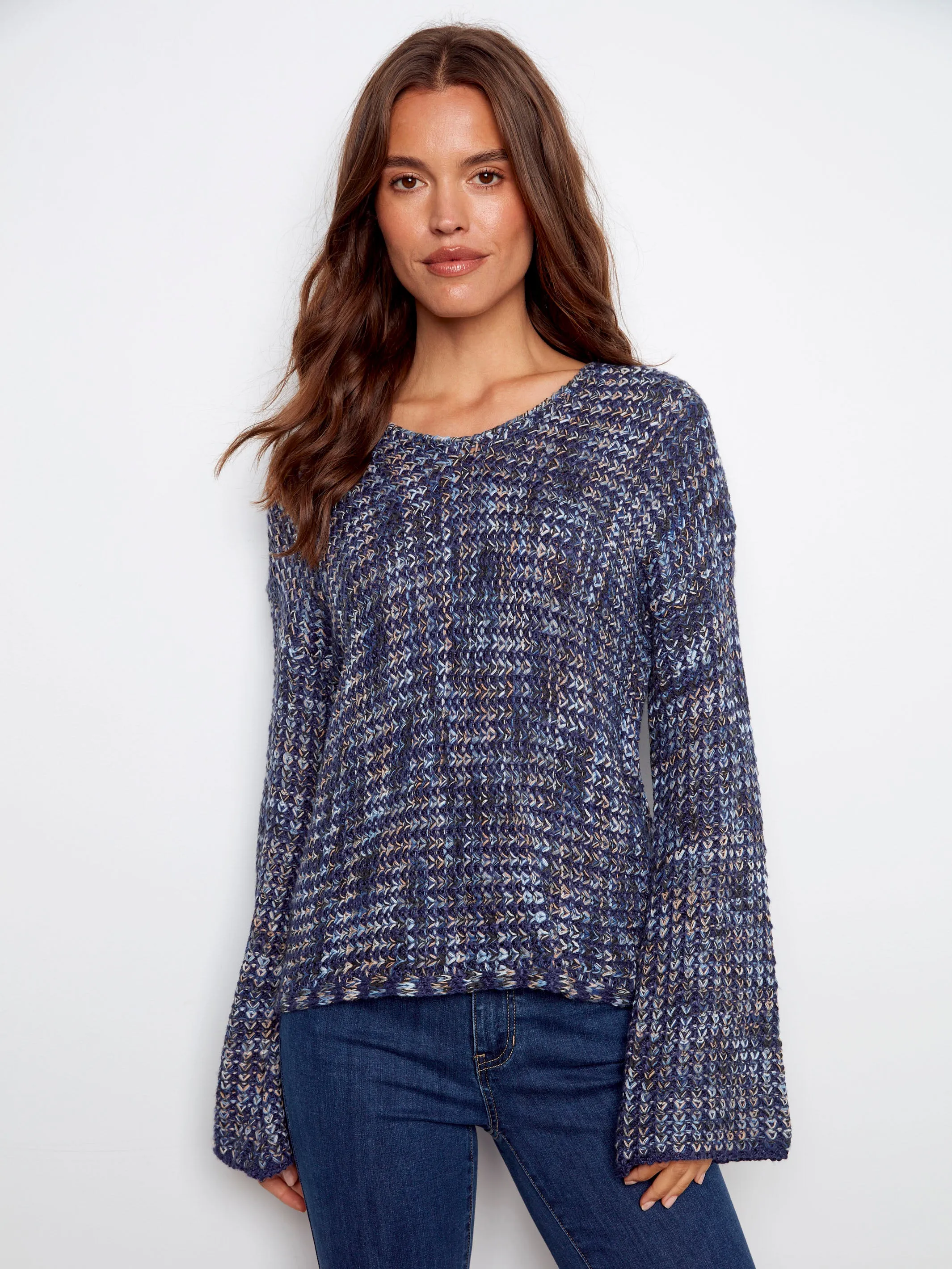Eco Friendly Yarn Blend Novelty Yarn Crochet Sweater - Blue