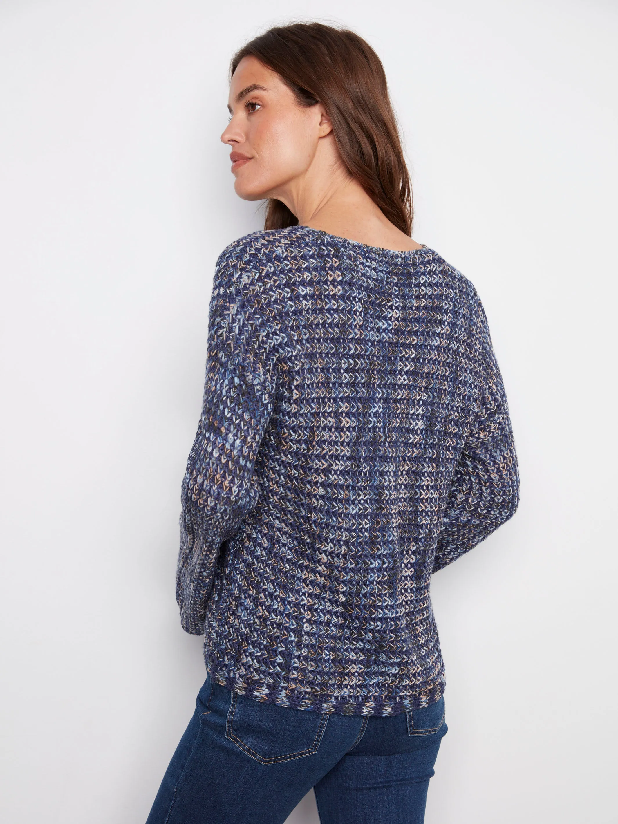 Novelty Yarn Crochet Sweater - Blue Snug Fit Knit Perfect Layering