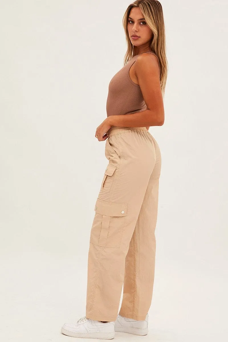 SoftLining Beige Elastic Waist High Rise Wide Leg Cargo Pants