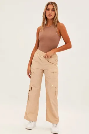 Quick Release Closure Beige Elastic Waist High Rise Wide Leg Cargo Pants