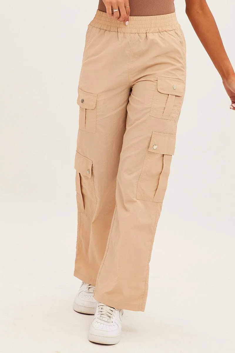 Stay Flexible Beige Elastic Waist High Rise Wide Leg Cargo Pants