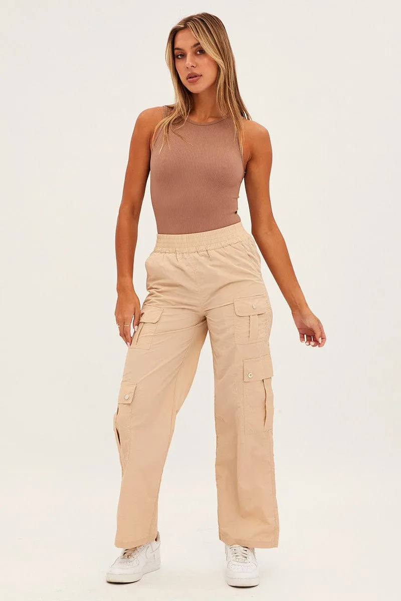 Beige Elastic Waist High Rise Wide Leg Cargo Pants Double Needle Stitching Cozy Feel
