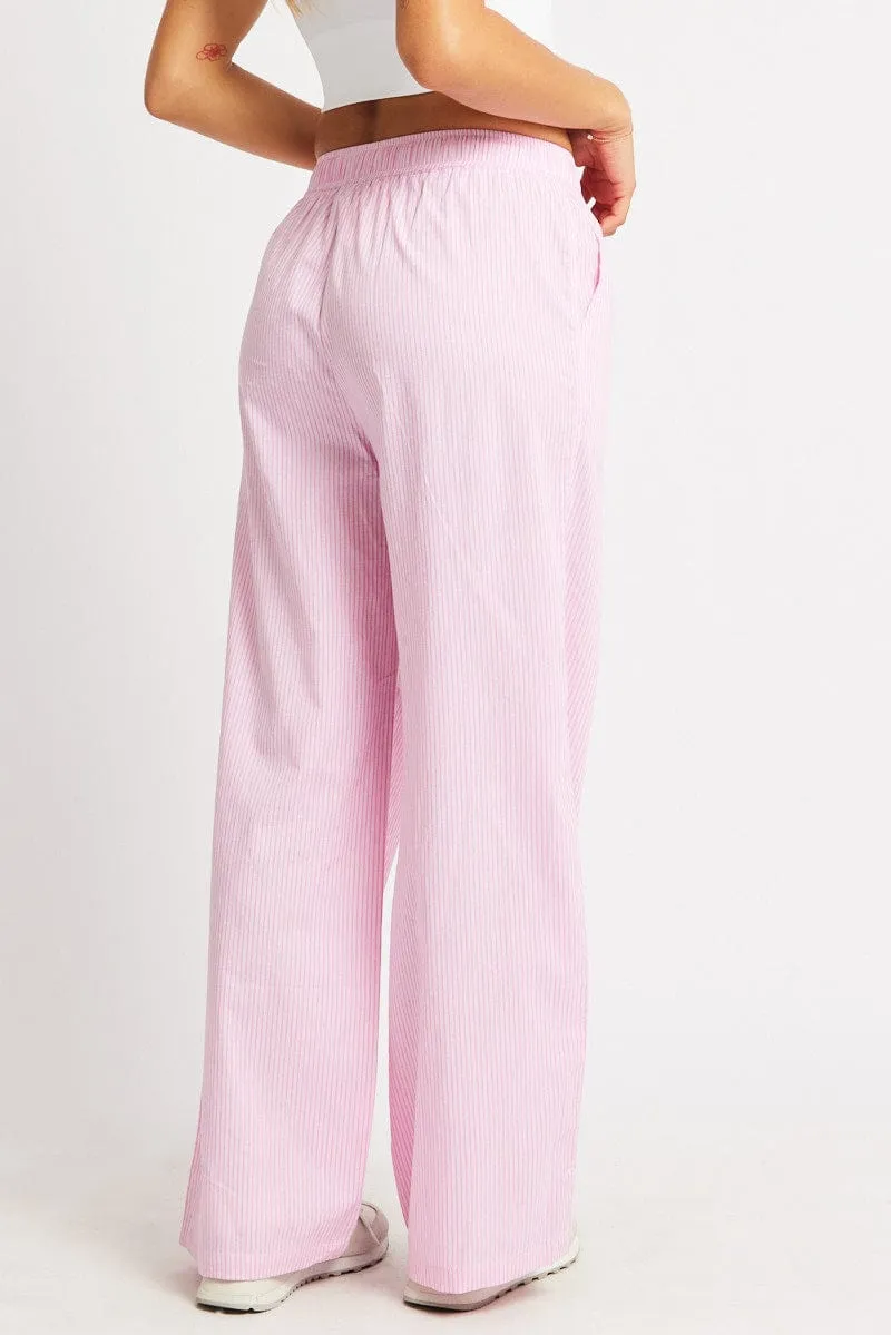 Fashionable Design Pink Stripe Wide Leg Pants High Rise