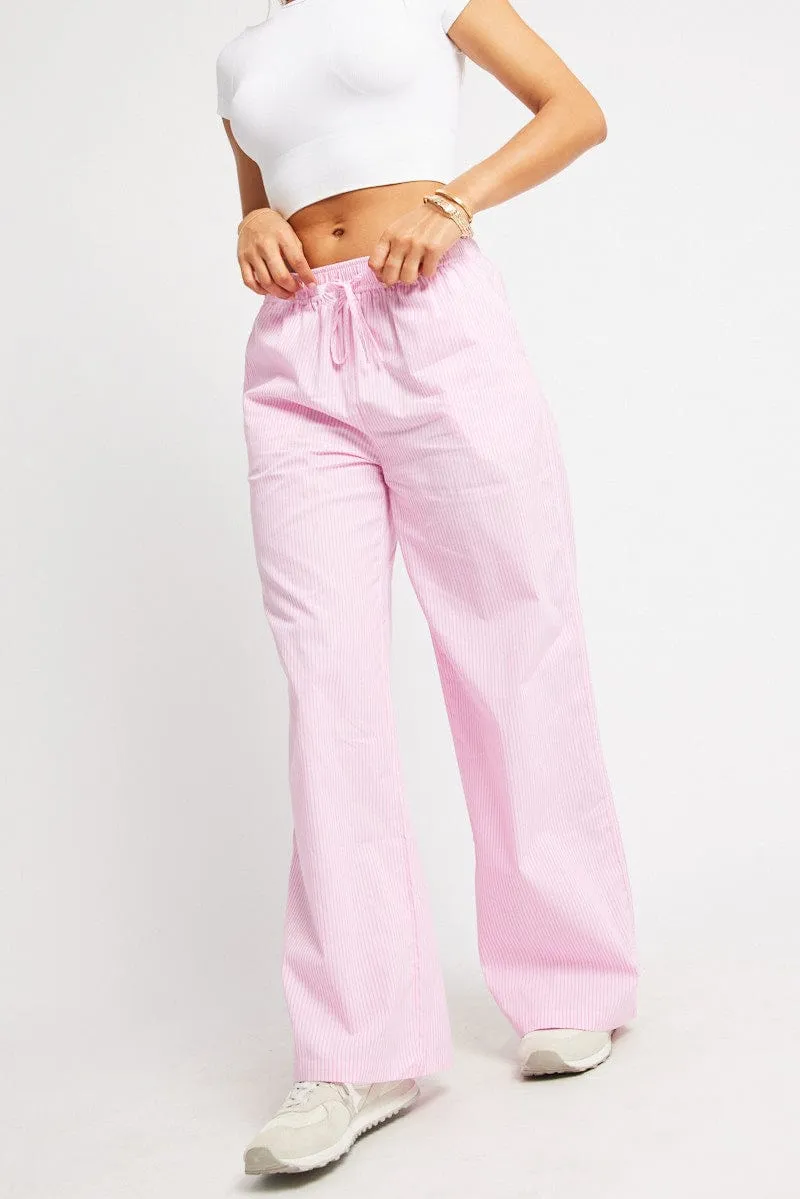 Effortless Style ReinforcedKnees Pink Stripe Wide Leg Pants High Rise