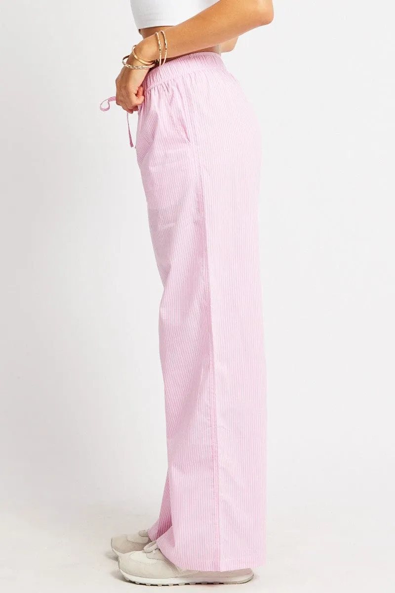 Pink Stripe Wide Leg Pants High Rise BreathableLining