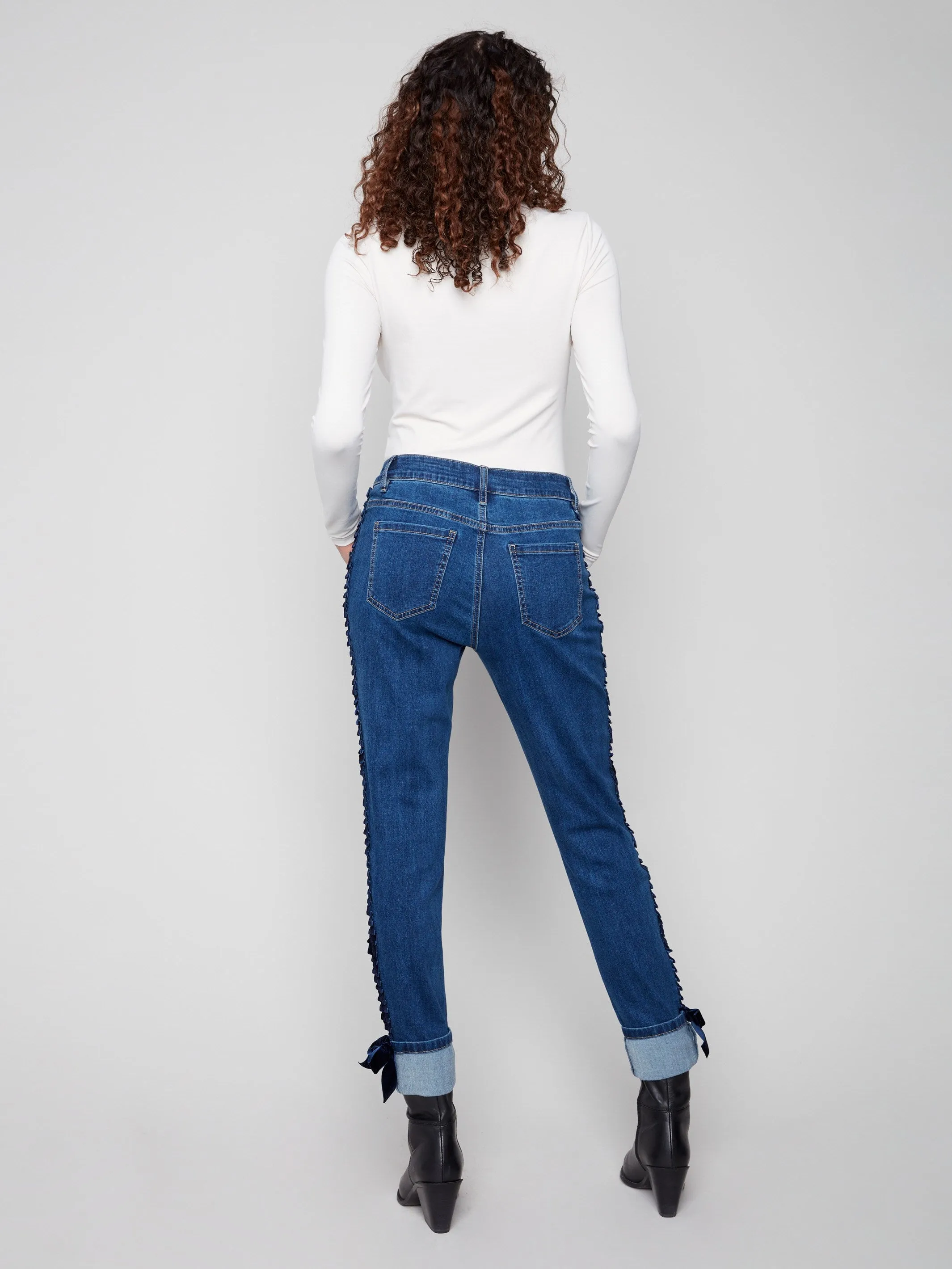 Stretch Minimalist Mid Rise Structure Slim Leg Jeans With Velvet Bow - Indigo