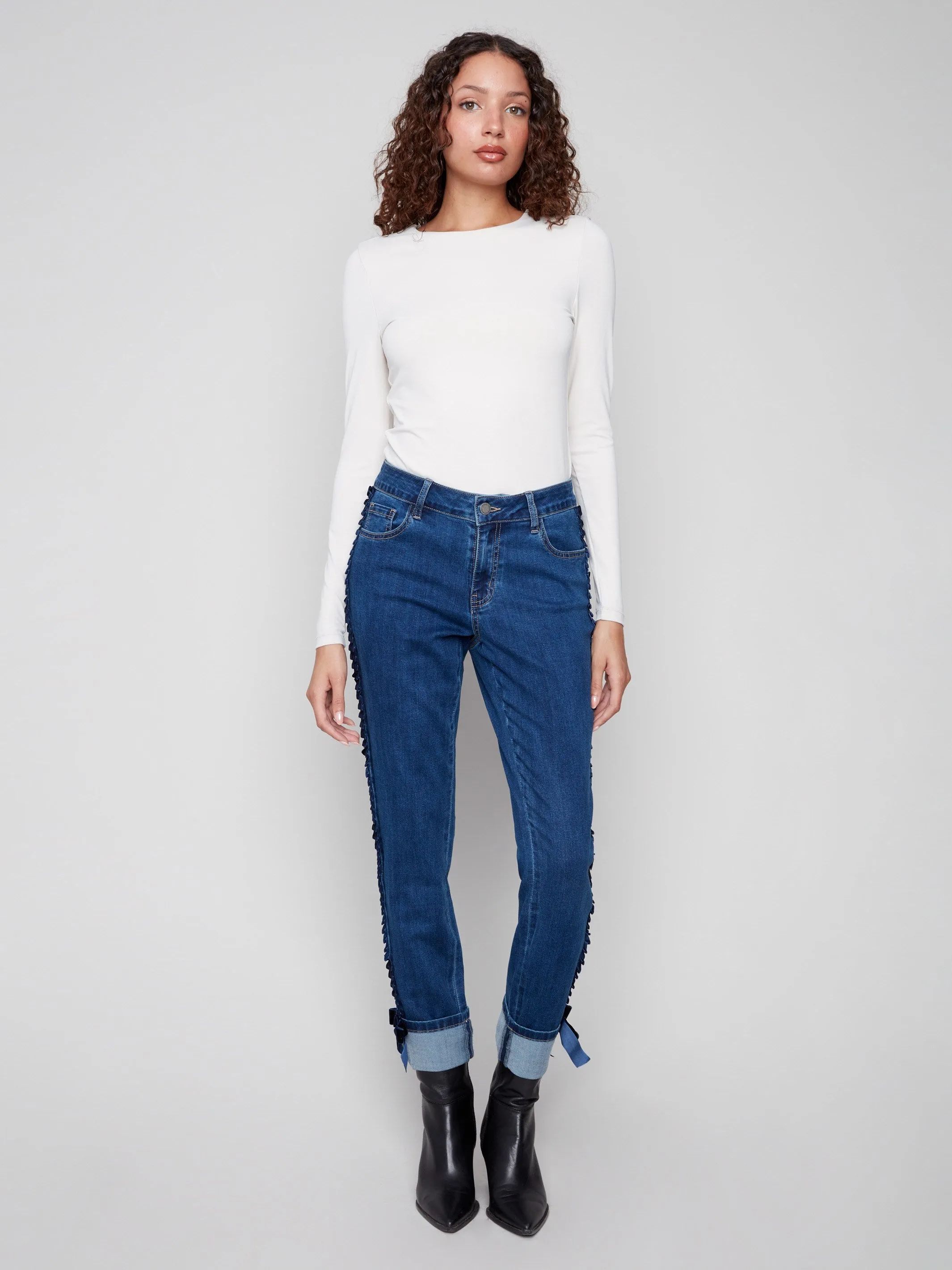 Slim Leg Jeans With Velvet Bow - Indigo Low Profile Zipper Seamless Waistband Finish