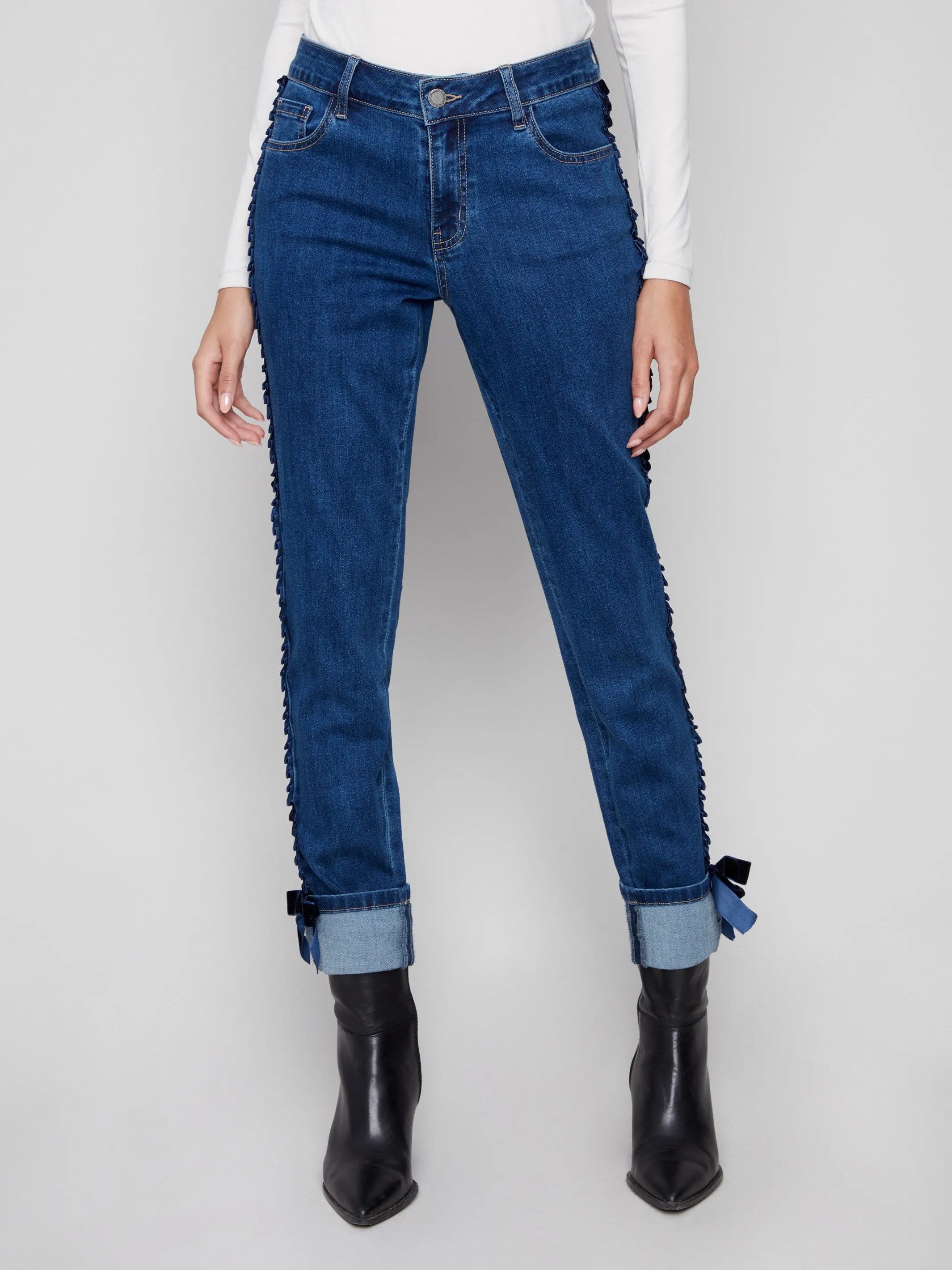 Slim Leg Jeans With Velvet Bow - Indigo Stylish Daily Wear Parent Style