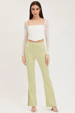 Functional Waist Twill Weave Texture Check Flare Pants High Rise