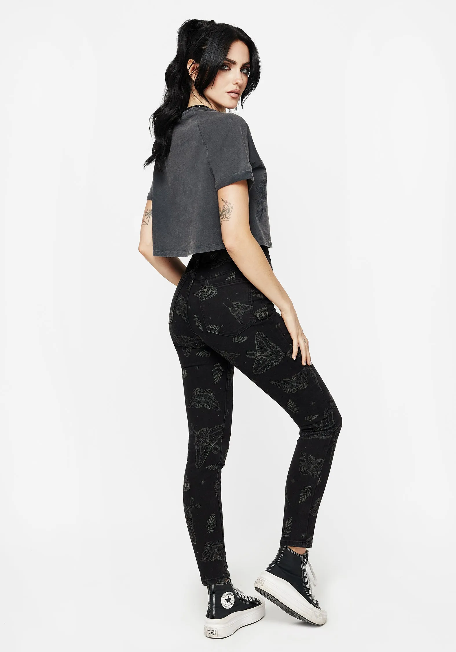 Balanced Style Formal Classic Wear Loose Callopistria Moth Print Denim Skinny Jeans