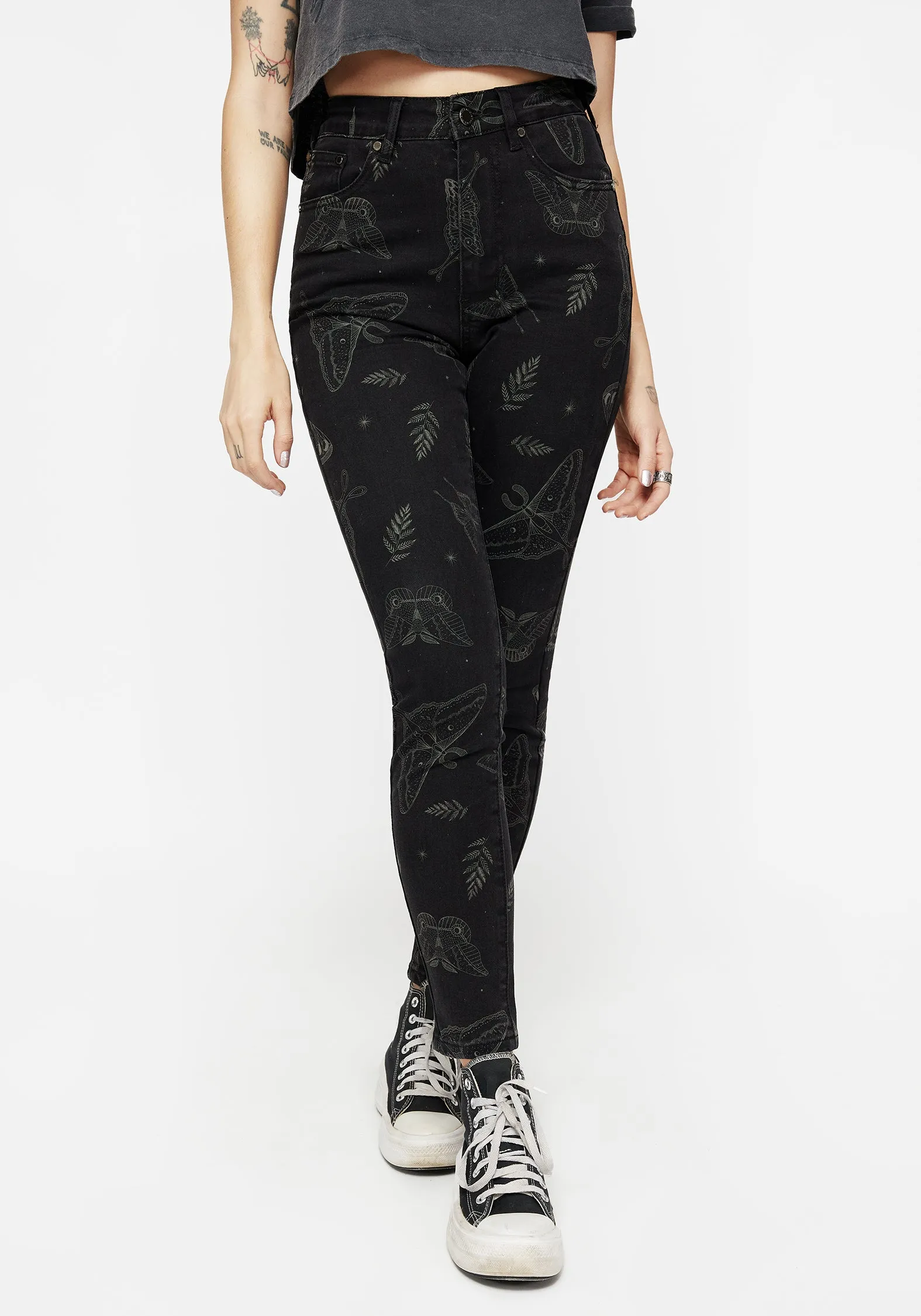 Callopistria Moth Print Denim Skinny Jeans Softened Seams Casual Street