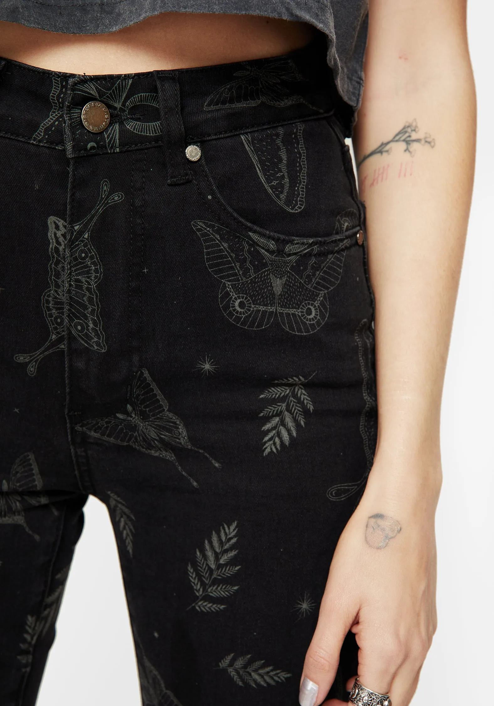 Modern Youth Style Party Look Cool And Clean Callopistria Moth Print Denim Skinny Jeans
