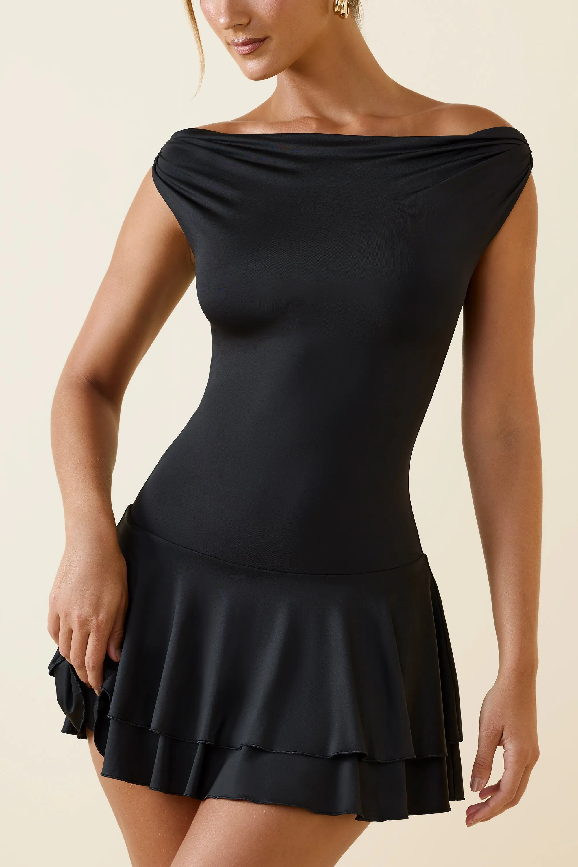 Trendy Silhouette Off-Shoulder Ruffled Mini Dress in Black