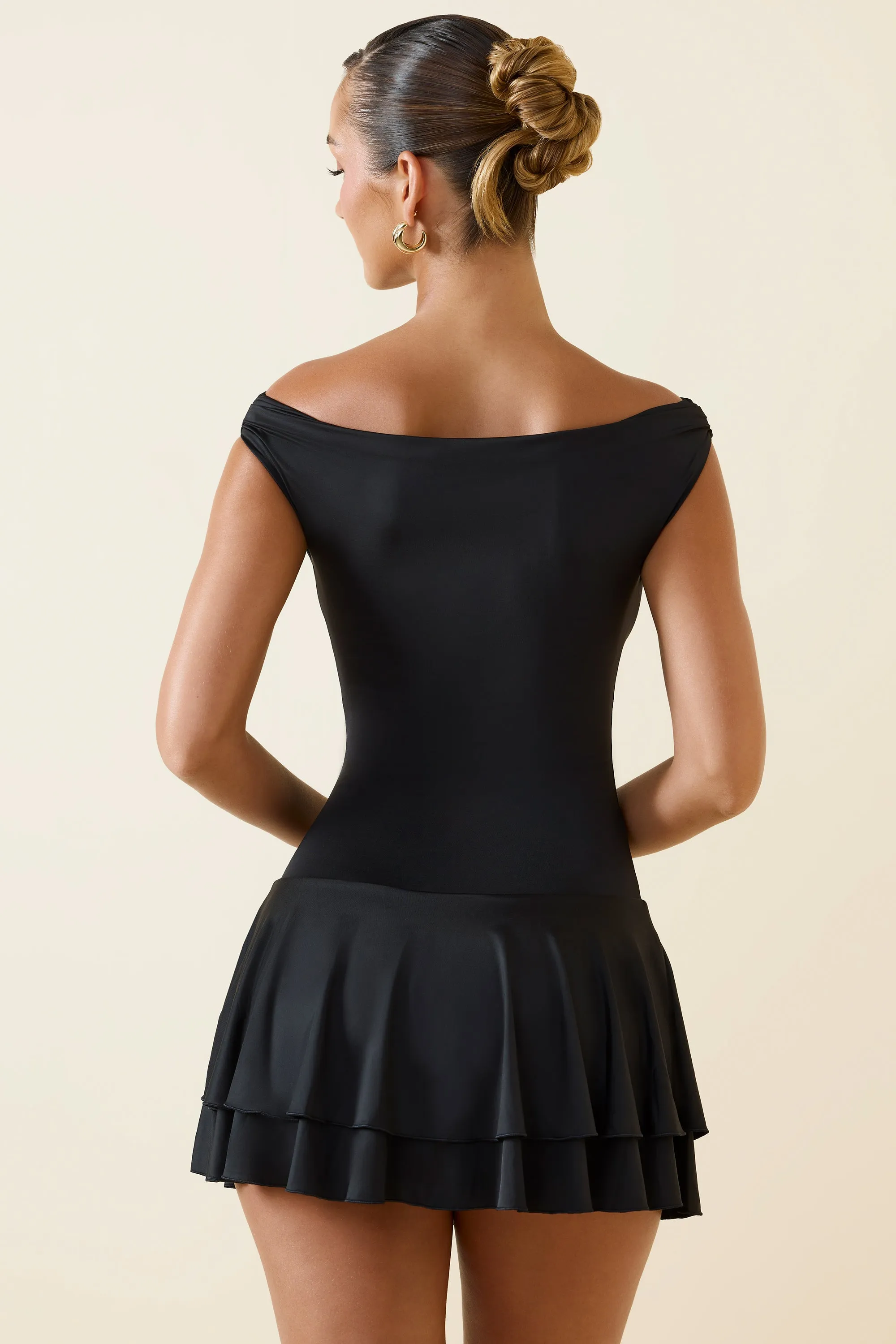 Off-Shoulder Ruffled Mini Dress in Black Party Snap