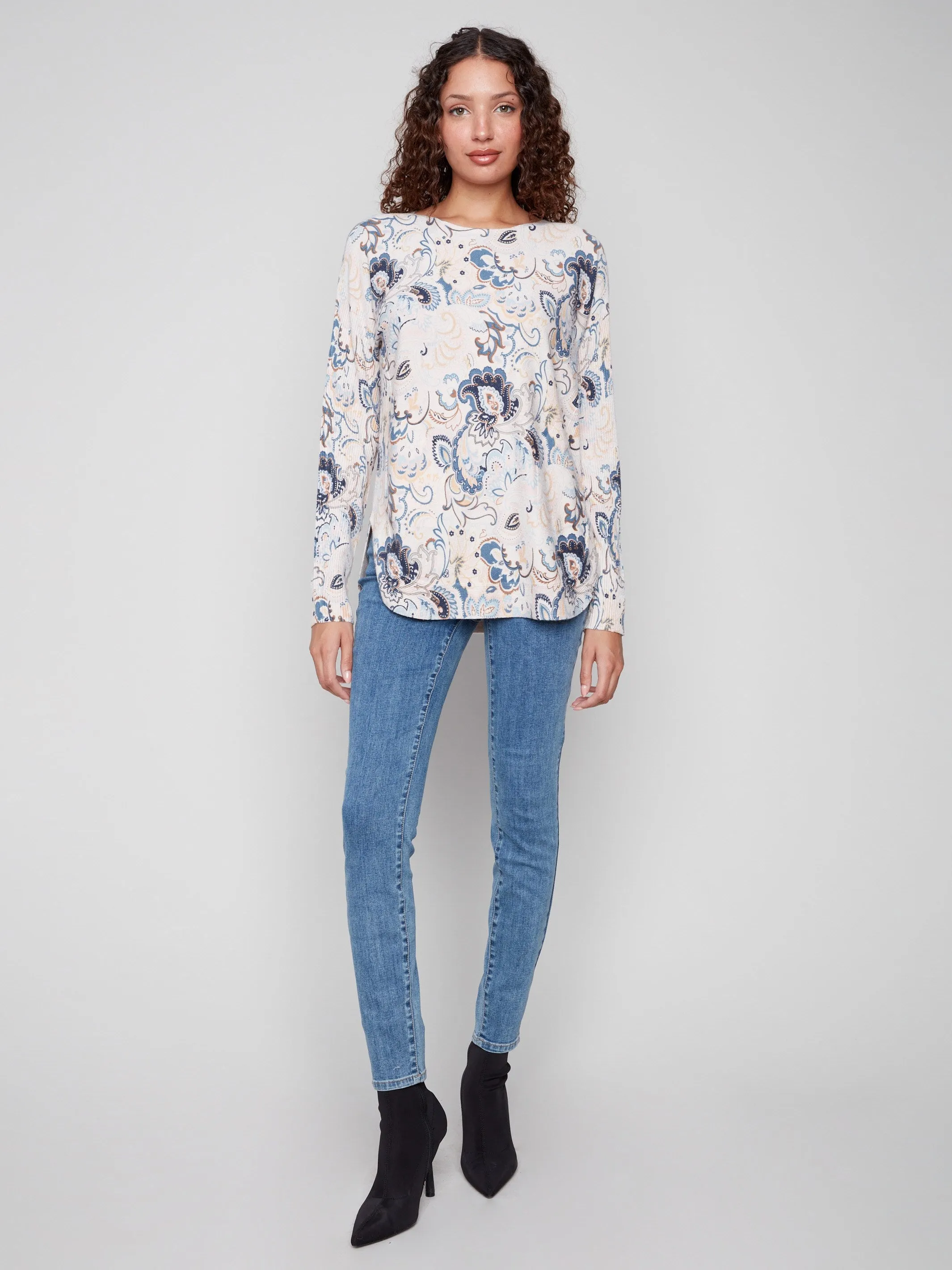 Chilly Day Comfort Printed Rounded Hem Sweater - Blush